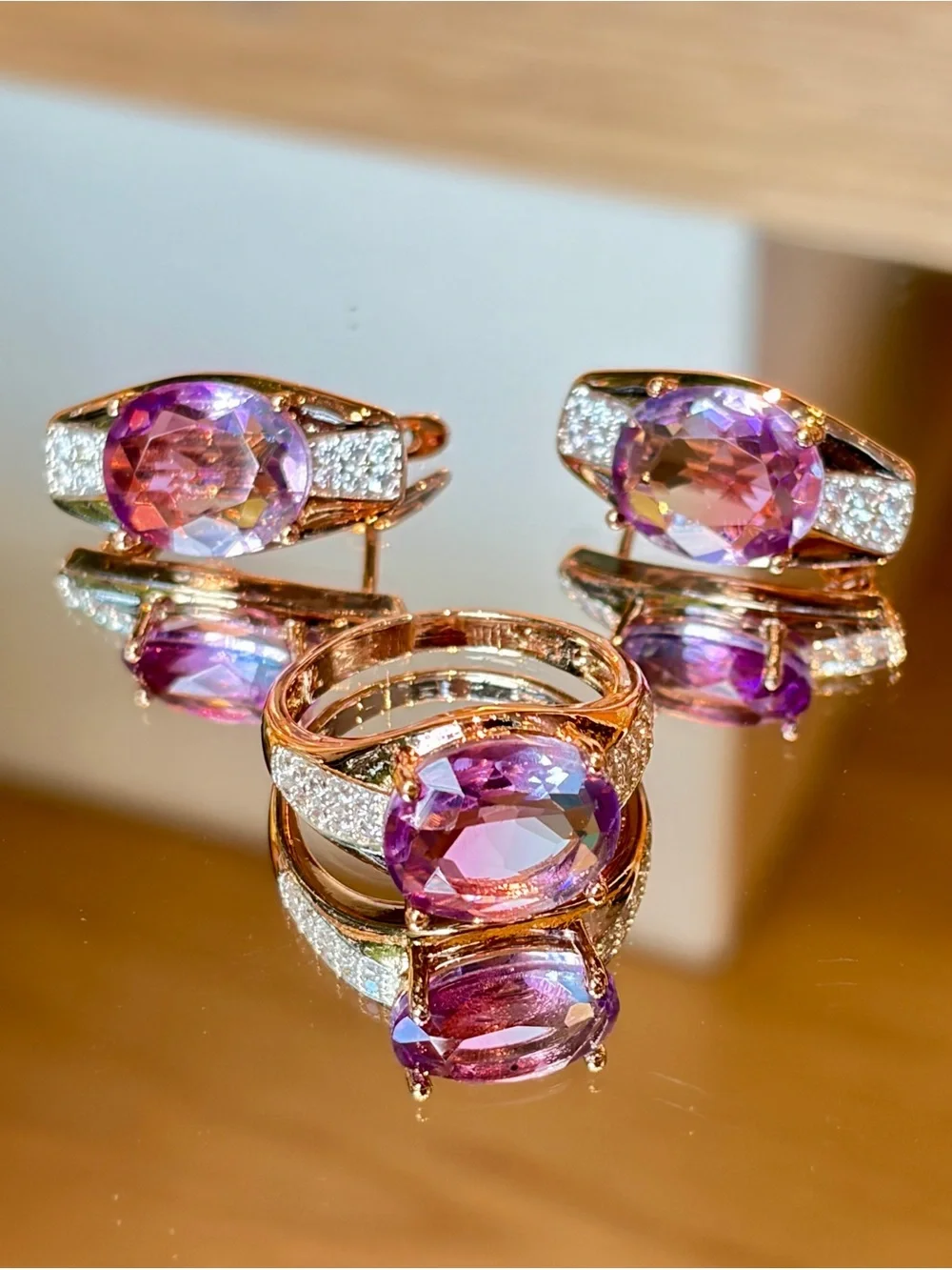 New Rose Gold Plated Pink Tourmaline-Inspired Gradient Jewelry Set ring in 7